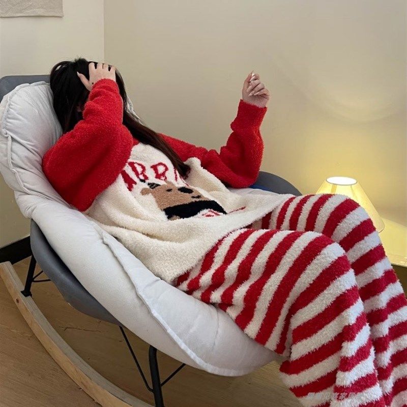 睡衣女冬天半边绒加厚珊瑚绒条纹红色ins新年套装圣诞春秋家居服