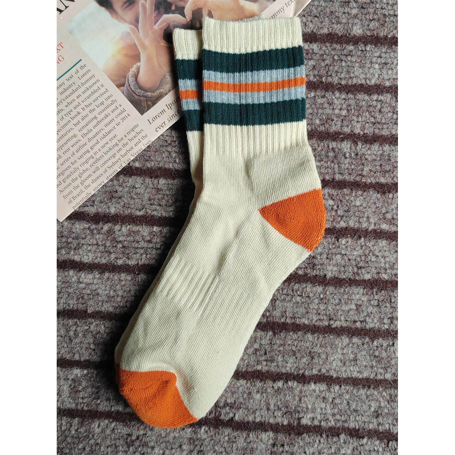 美式风条纹中筒袜男撞色拼接学院风袜子毛圈底加厚男袜四季通用