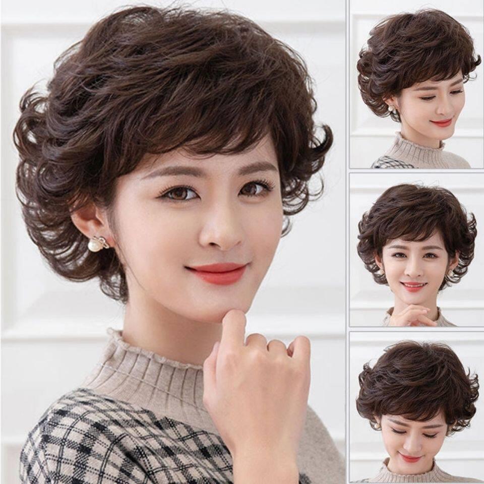 气质时尚假发妈妈式短卷发假发中老年女士真发短发秃顶式全头饰