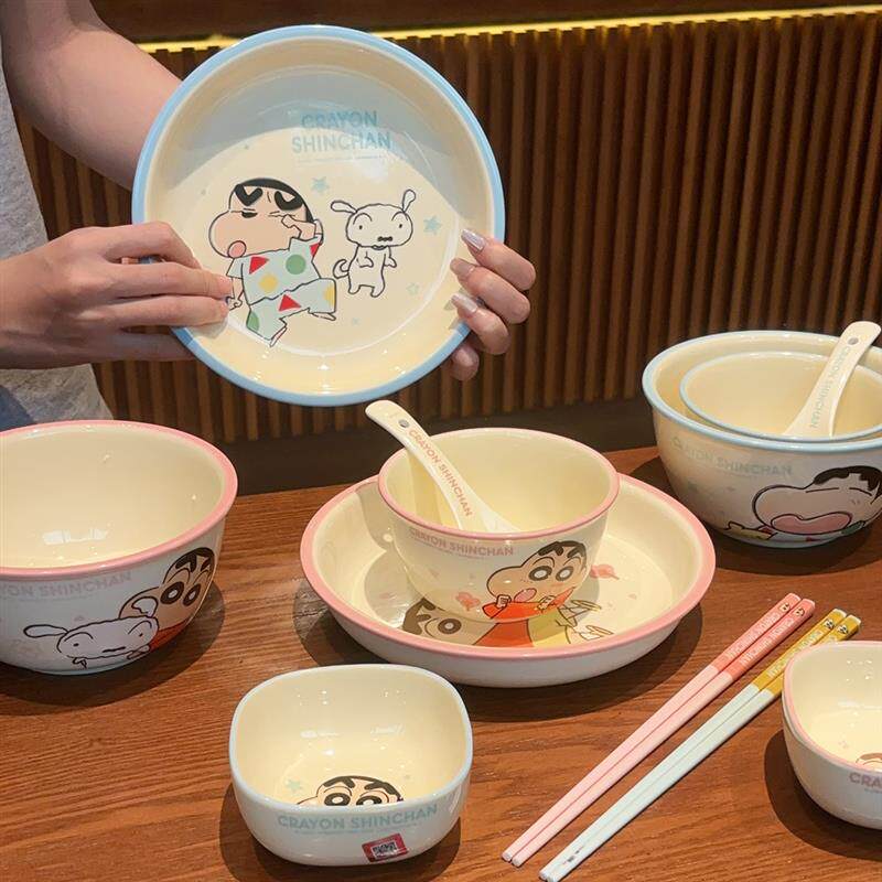 蜡笔小新餐具碗碟套装家用一人食陶瓷饭碗盘子菜盘可爱儿童吃饭碗