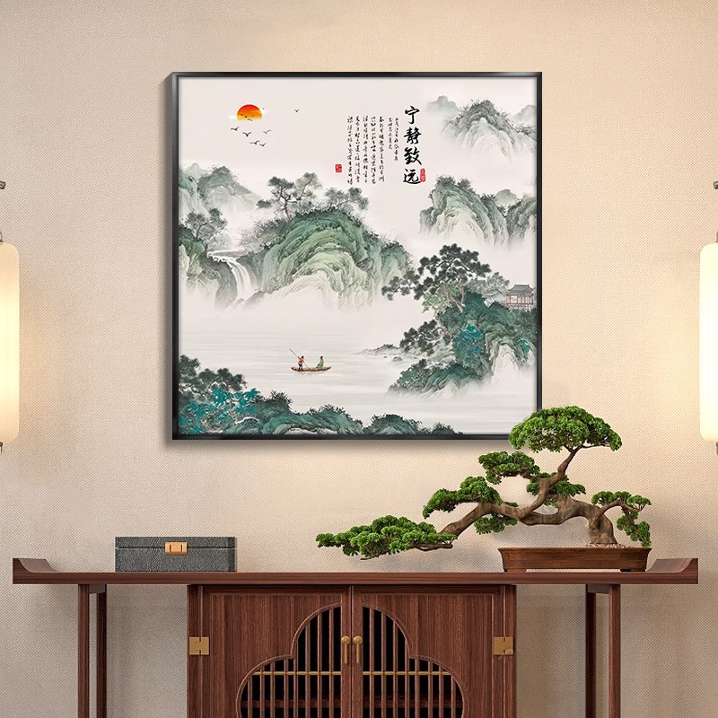 斗方方形流水生财风景山水画办公室挂画茶室壁画新中式玄关装饰画