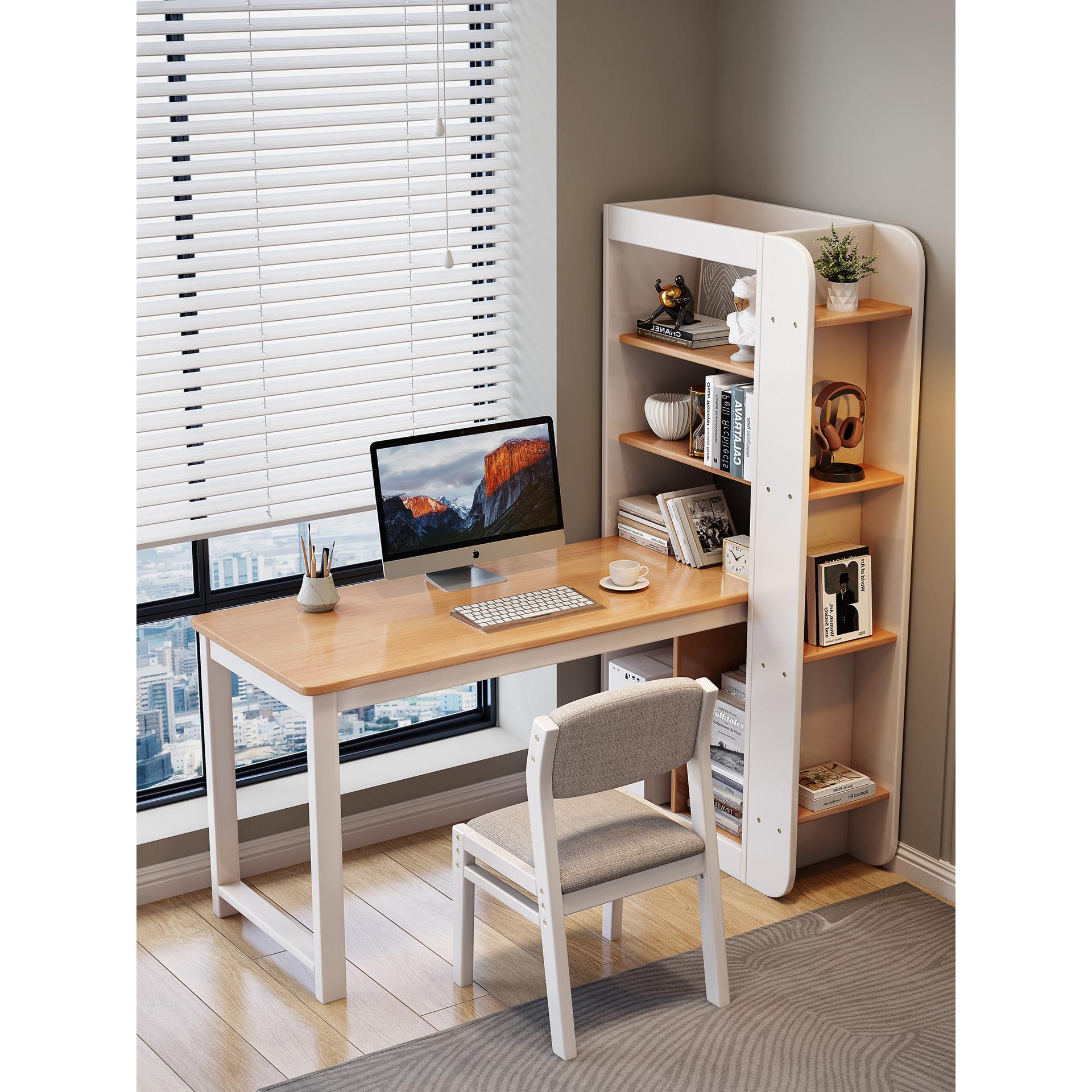 实木桌书柜一体家用电脑桌卧室窗角书架组合学生双人写字台