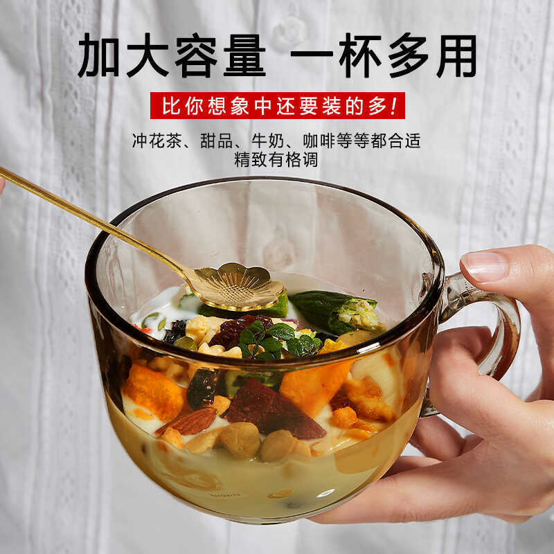 茶色玻璃杯燕麦早餐杯子家用带把水杯大带盖勺透明咖啡杯女牛奶杯图片