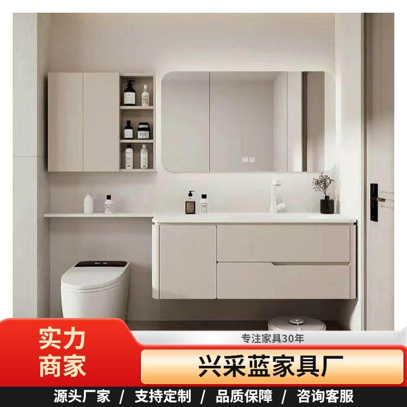 详情问现代浴室柜橡木实木多层蜂窝铝阳台柜岩板无缝盆一体盆热弯