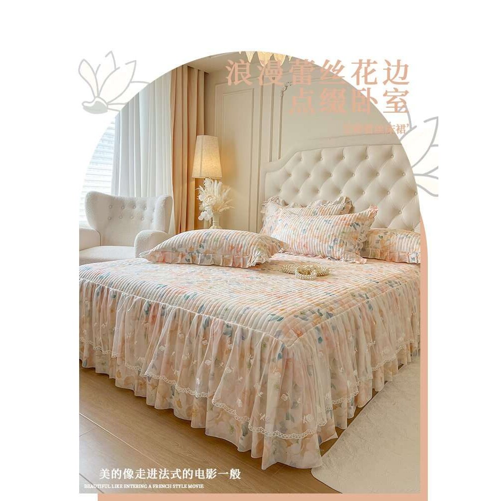 法式全棉床裙单件公主风蕾丝花边纯棉床笠带裙边遮丑床罩一体床单