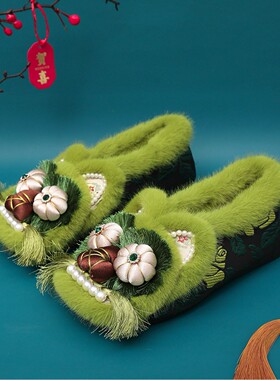 2026早春新款绿色手工棉鞋国风虎头鞋国潮复古平底女式布鞋绣花鞋