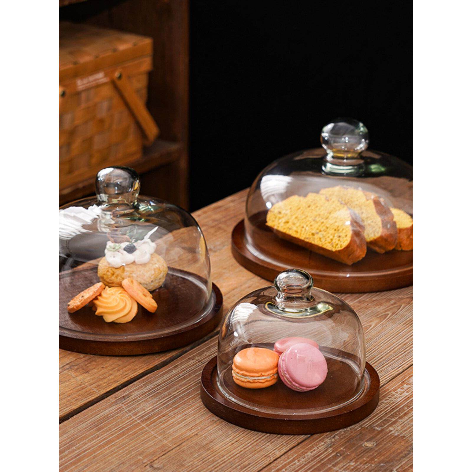 甜品台生日蛋糕托盘展示摆盘带盖玻璃罩水果面包糕点心试吃盘木质