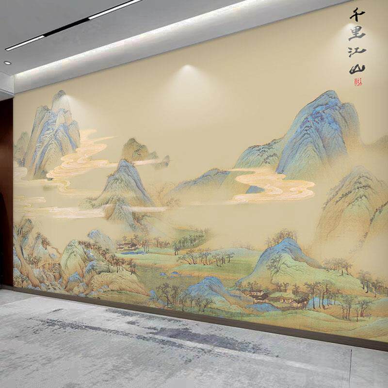 中式复古国画千里江山图电视背景墙纸自粘沙发3d立体壁贴茶室墙布