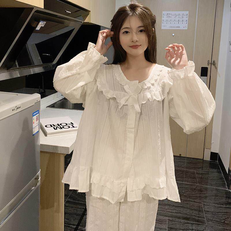 白色法式公主风睡衣女春秋季花边甜美长袖长裤两件套装纯欲家居服