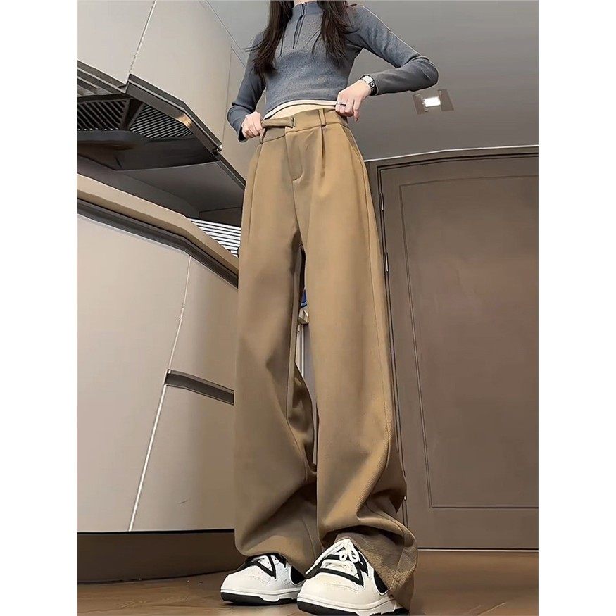 米白色直筒加绒裤子男款春秋垂感直筒阔腿毛呢西裤高腰微喇西装裤