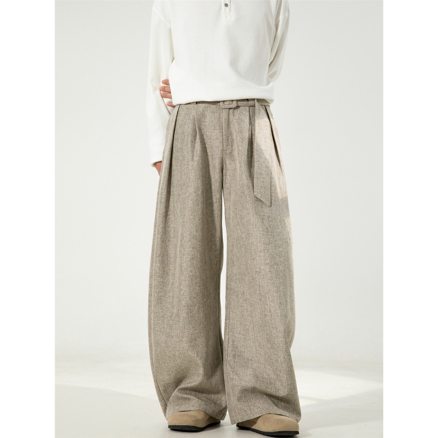 悟空有货老钱风腰带亚麻纹弯刀西裤男松弛感宽松阔腿休闲西装长裤