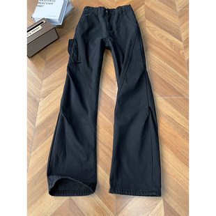 美式vibe斜切加绒工装牛仔裤男冬季潮牌褶皱保暖伐木裤宽松直筒裤