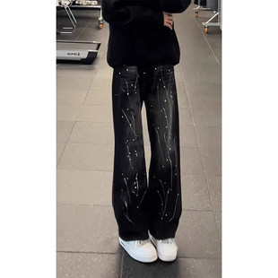 复古泼墨牛仔裤男厚款美式高街裤子潮牌痞帅炸街高级感宽松直筒裤