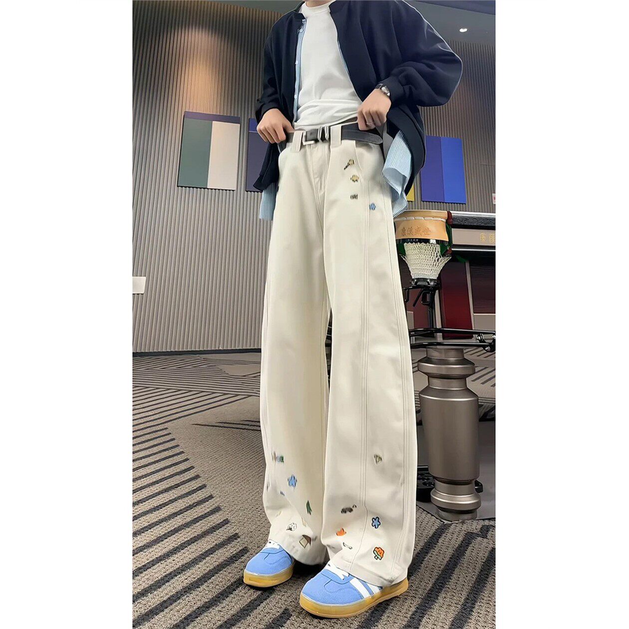 卡通刺绣弯刀牛仔裤男款秋季潮牌美式高街vibe裤子直筒提裆微喇裤