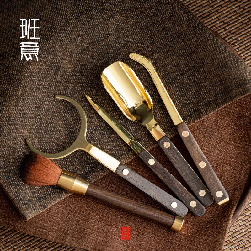 班意 黑檀木茶道6六君子套装家用不锈钢茶夹茶刀茶勺茶杯叉茶刷