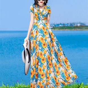 碎花连衣裙女长款到脚踝2024年夏季新款法式显瘦雪纺大摆超长裙子