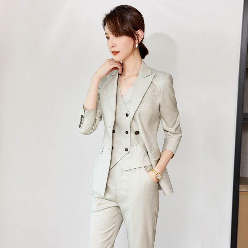 西装马甲三件套修身西服套装女总裁小西服春季气质薄荷绿主持人