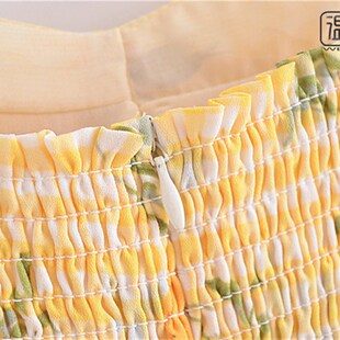 【包邮】法式复古黄色柠檬碎花收腰显瘦荷叶边吊带连衣裙度假短裙