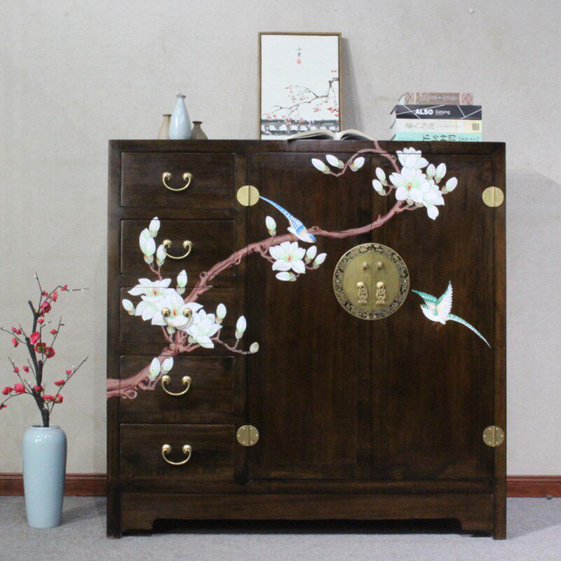 新中式香樟木彩绘收纳衣橱卧室儿童衣柜2门仿古储物柜实木柜家具
