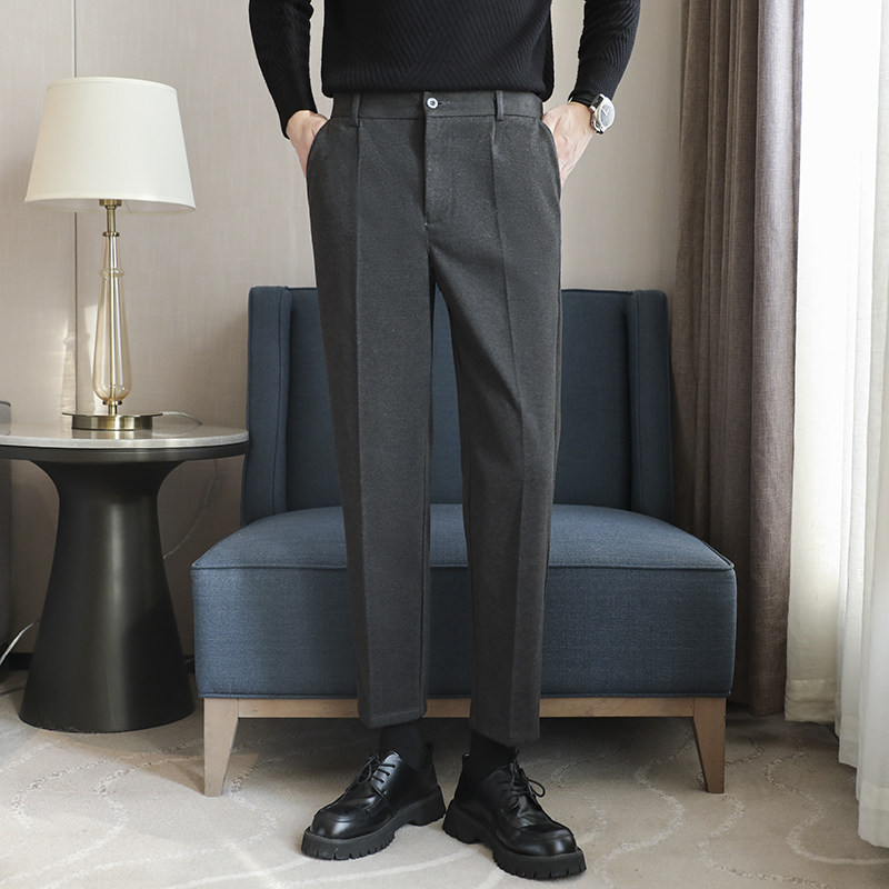 秋冬毛呢休闲裤加厚直筒长裤男士修身九分西裤轻熟风中高腰西装裤