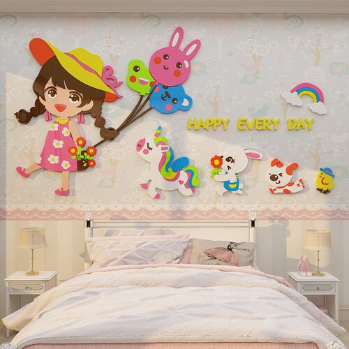 网红女孩儿童房间布置墙面装饰公主卧室床头画改造贴纸摆件3d立体