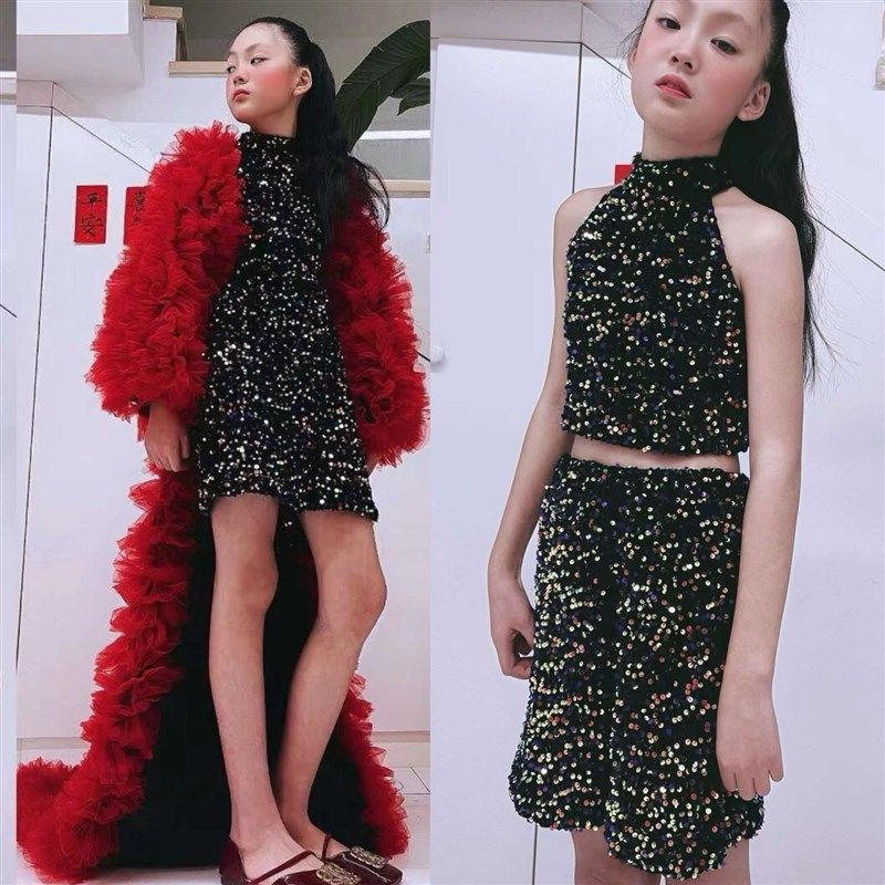 女童走秀亮片闪闪无袖挂脖吊带背心主持爵士舞演出服短裤两件套装