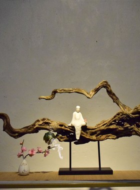 新中式根雕天然风化枯木实木禅意佛像简约摆件办公室玄关茶室装饰