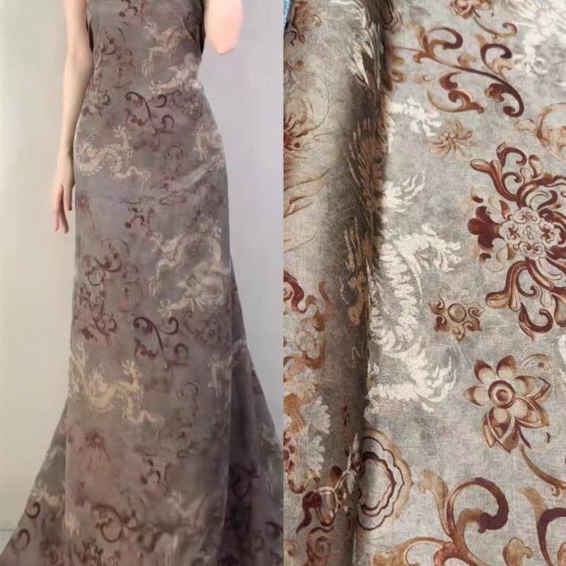 香云纱红云纱花罗绞罗印花真丝面料旗袍连衣裙服装100%桑蚕丝布料