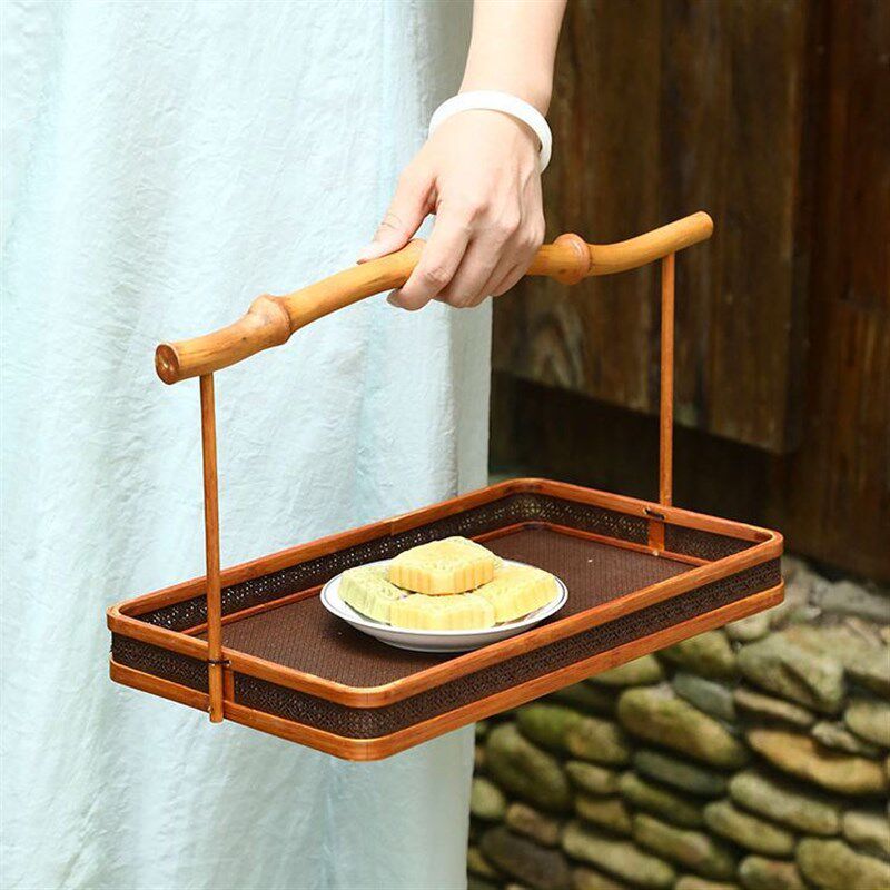 复古竹编大漆提篮筇竹编织水果茶具点心小号收纳筐中式手提便携篮