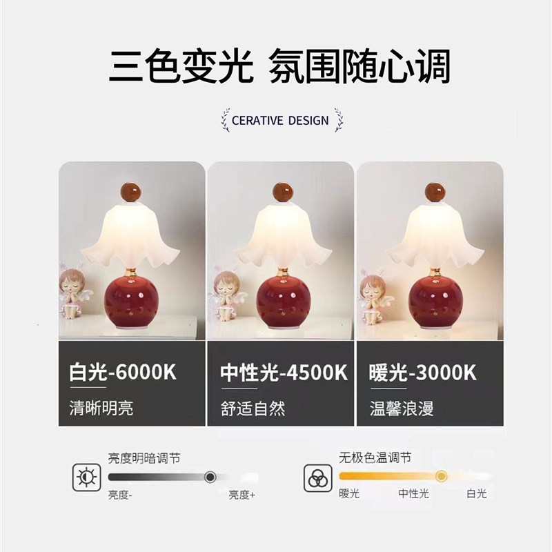 结婚长明灯婚房装饰卧室床头陪嫁新人礼物婚庆布置铃兰花红色台灯