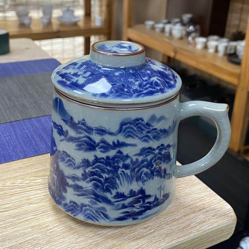 景德镇大好河山陶瓷茶水分离泡茶杯男士办公杯过滤青花瓷杯子家用