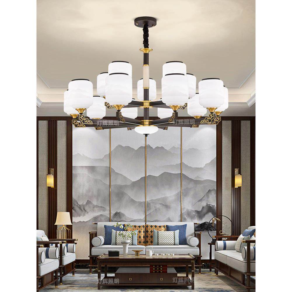 新中式客厅吊灯全铜玉石现代简约中国风别墅自建房大厅餐厅卧室灯