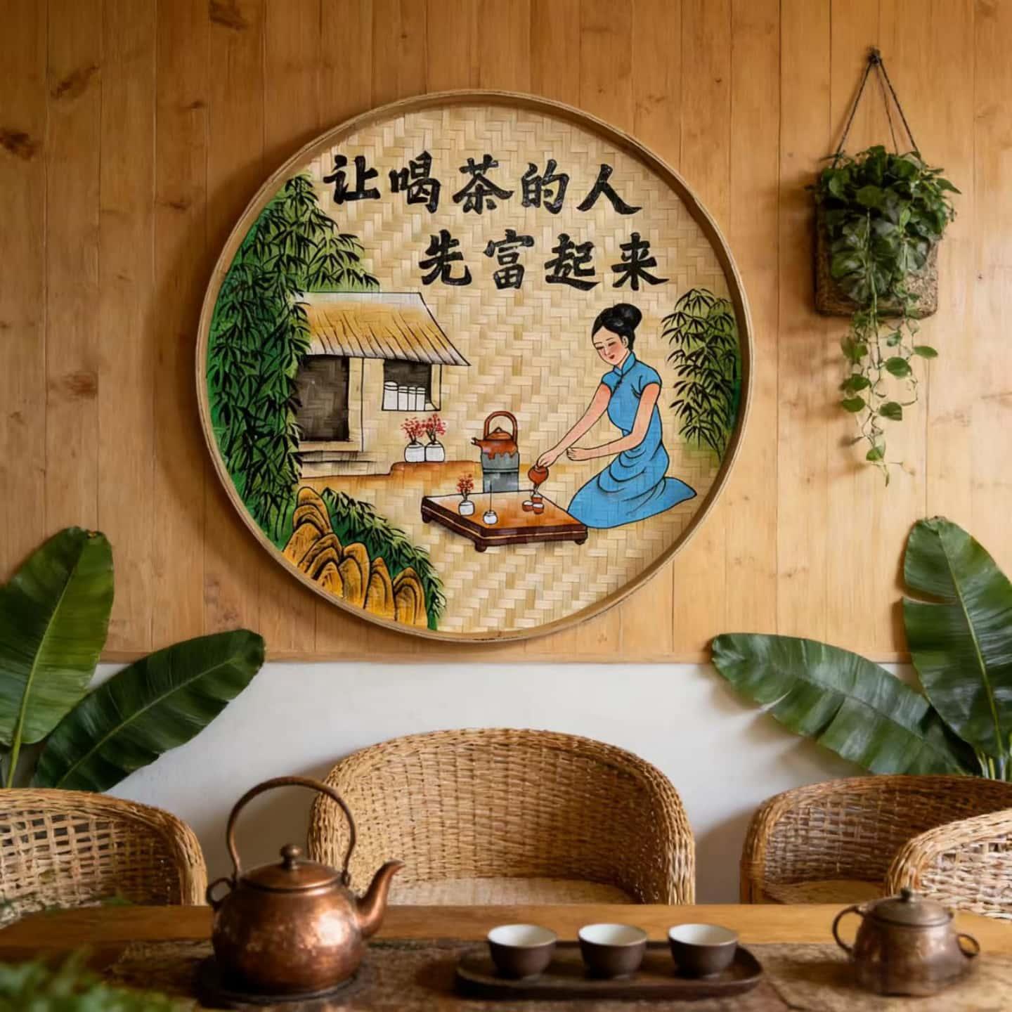 中式复古竹编手绘圆形簸箕画茶文化装饰画茶楼茶室餐厅氛围墙挂画