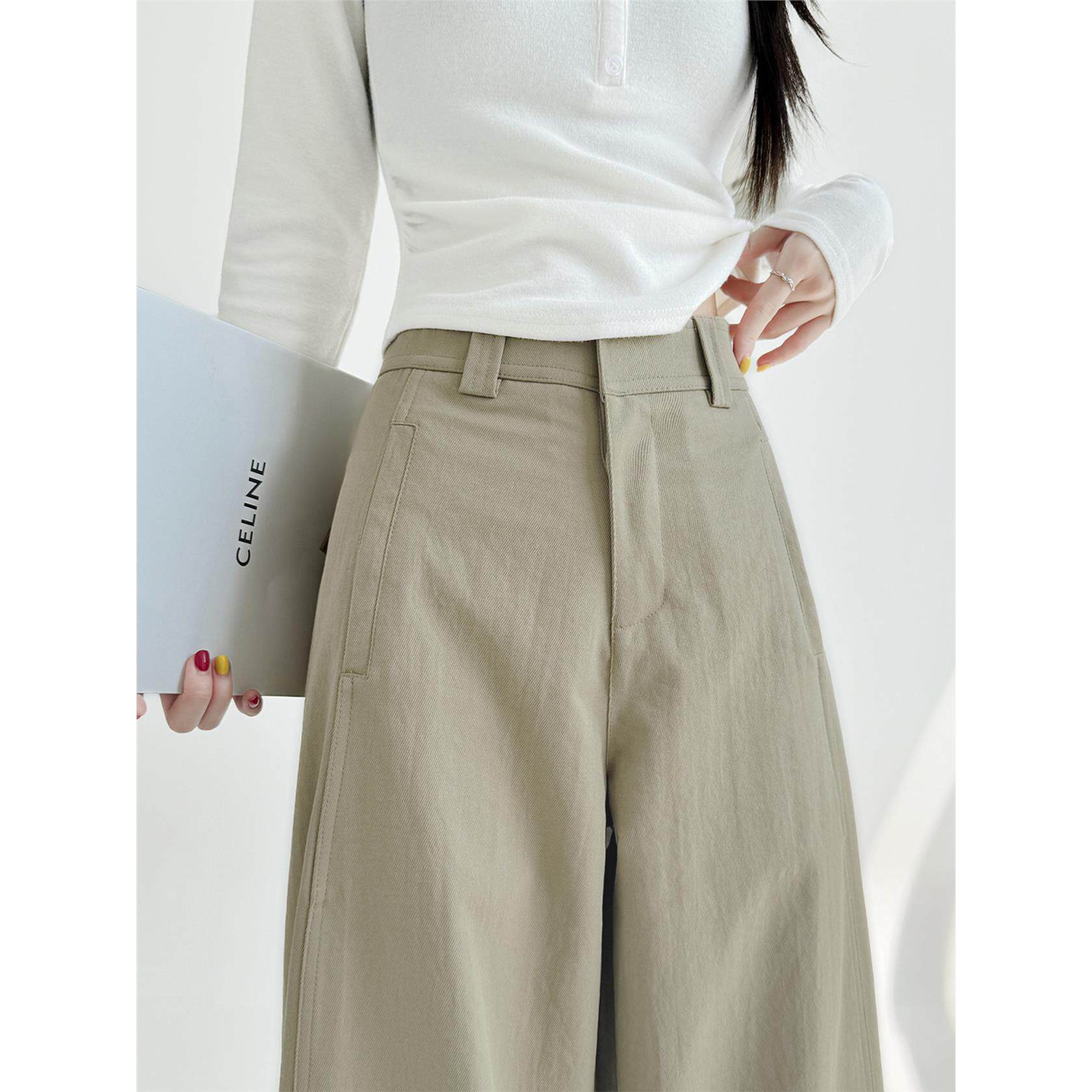 卡其色阔腿裤女秋冬季2025新款加绒高腰宽松直筒高级感休闲西装裤