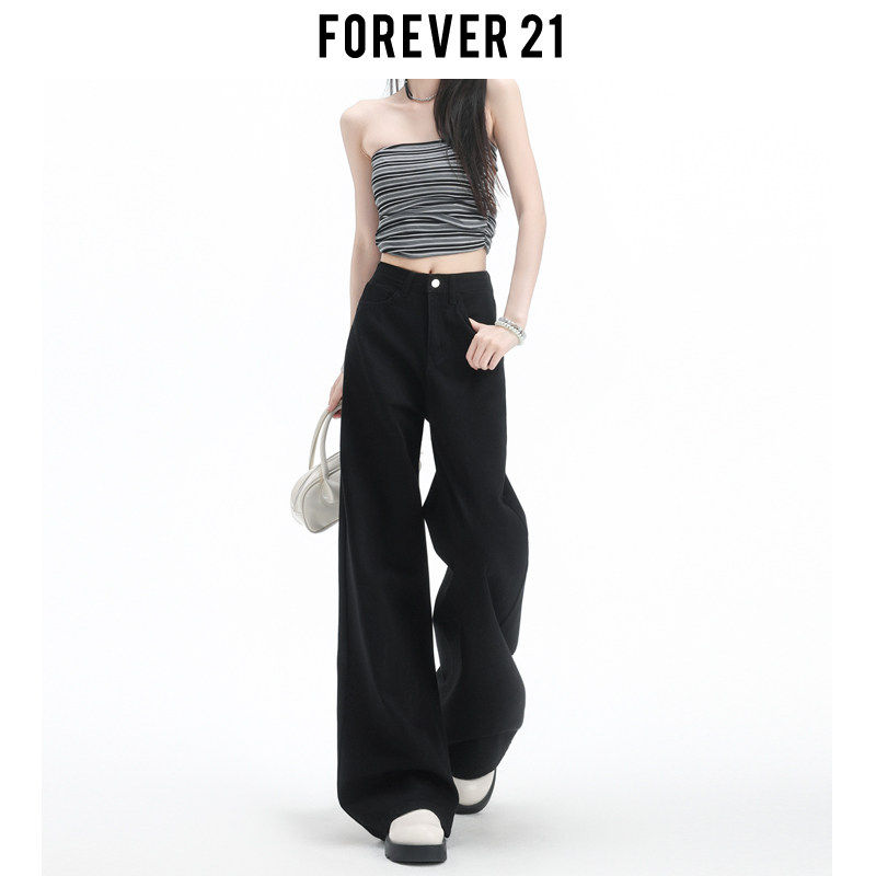 Forever 21设计感黑色高腰阔腿牛仔裤女梨形身材宽松垂感直筒裤子