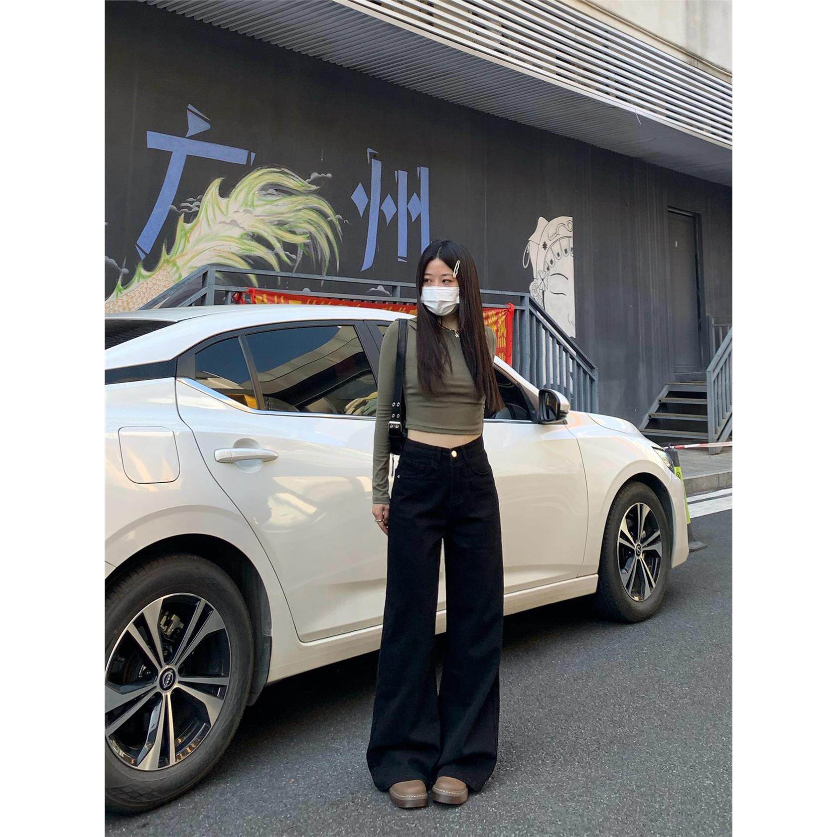 纯哥家黑色阔腿垂感牛仔裤女2025秋冬新款百搭高腰宽松显瘦拖地裤