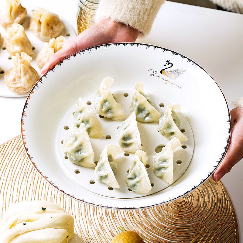 景德镇骨瓷饺子盘沥水双层盘家用创意陶瓷菜盘欧式餐盘水饺专用盘