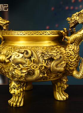 铜香炉九龙摆件家用佛堂室内双龙戏珠香炉烧香熏炉特大号祠堂供奉
