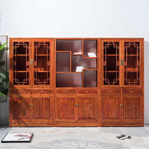 全实木三组合书柜中式书橱展示柜雕花收纳柜榆木书架陈列架置物架