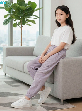 马卡乐春季儿童裤子男童工装裤户外风紫色休闲裤运动裤宽松长裤