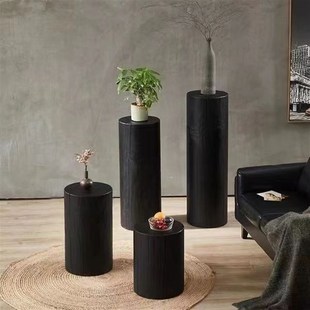 实木花架木墩圆形边几民宿实木复古碳化黑树墩原木花几摆件侘寂风