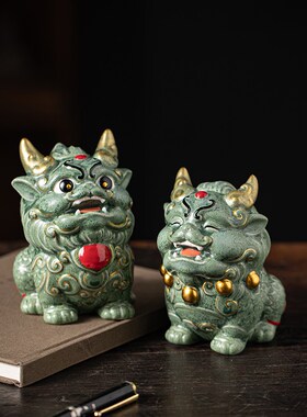禅意中式陶瓷祥瑞麒麟瑞兽摆件创意家居客厅办公室桌面装饰礼品