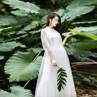 【158元区】春装气质修身裙子新款白色连衣裙女长款高腰仙女长裙