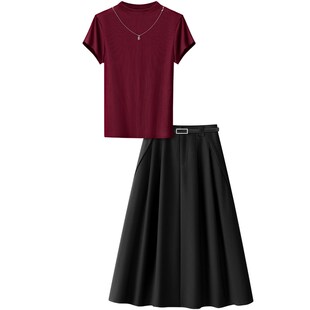 枣红色小半高领短袖T恤搭配a字半身裙子女2024早春秋新款两件套装