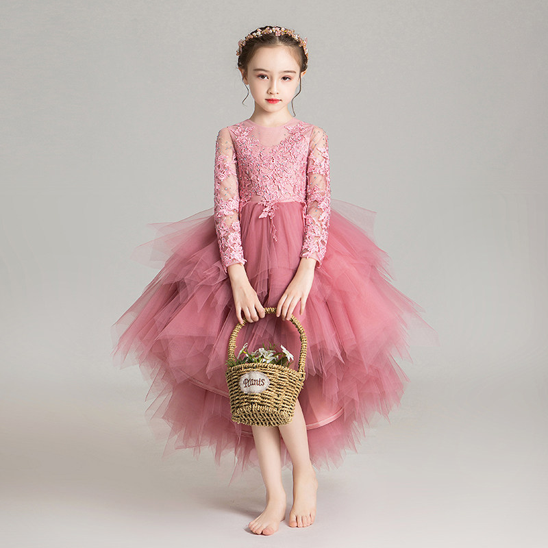 儿童晚礼服长袖花童婚纱小主持人女孩公主裙蓬蓬纱高端洋气演出服