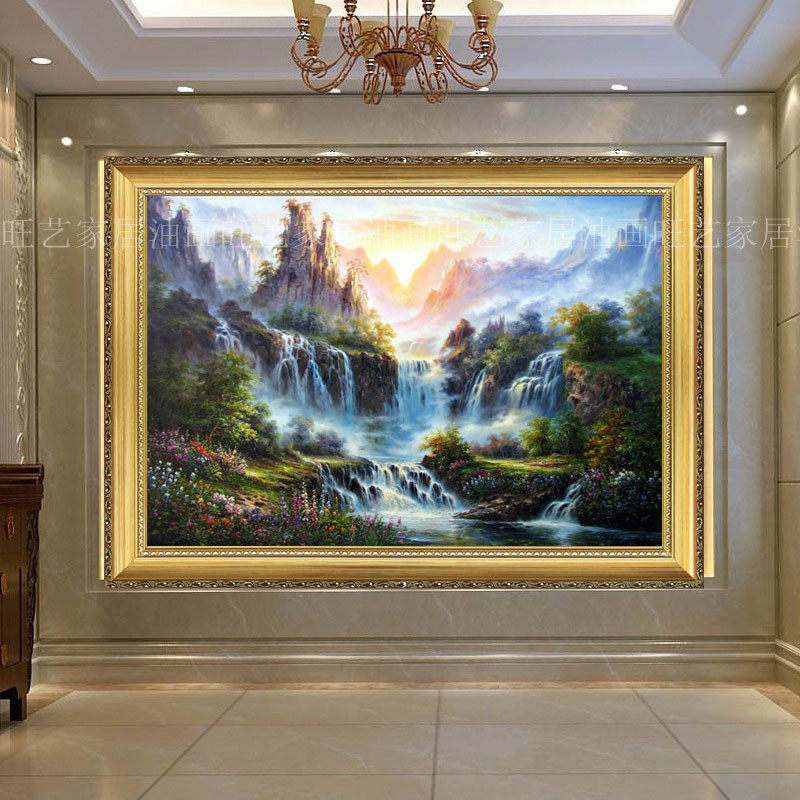 纯手绘欧式风景客厅油画玄关卧室餐厅壁画鹿装饰画聚宝盆山水挂画