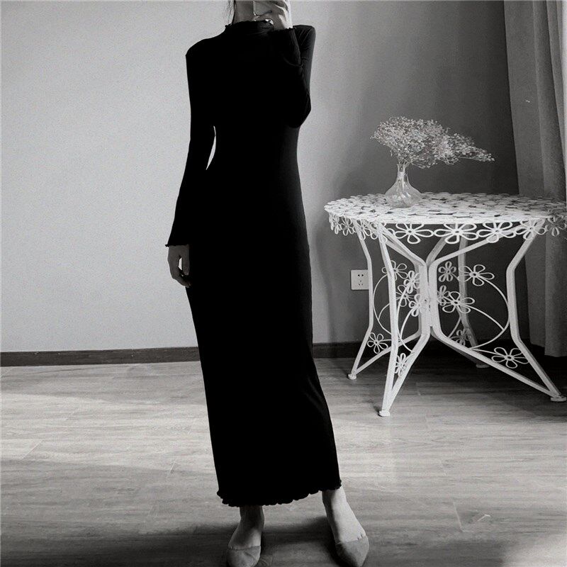 木耳边半高领长款 女早秋修身打底针织连衣裙 收腰弹力到脚踝长裙