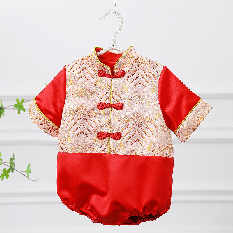 一周岁礼服男宝宝唐装高端中式男童生日婴儿抓周宴包屁服红色夏季