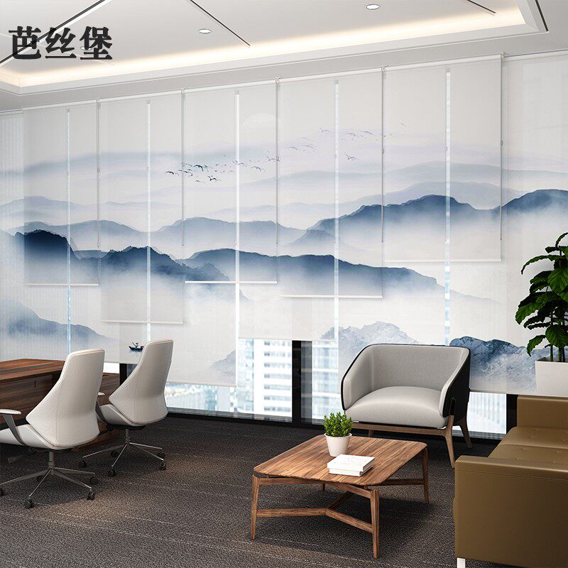 新中式卷帘软屏风茶室山水窗画布禅意窗帘升降式办公室大厅装饰