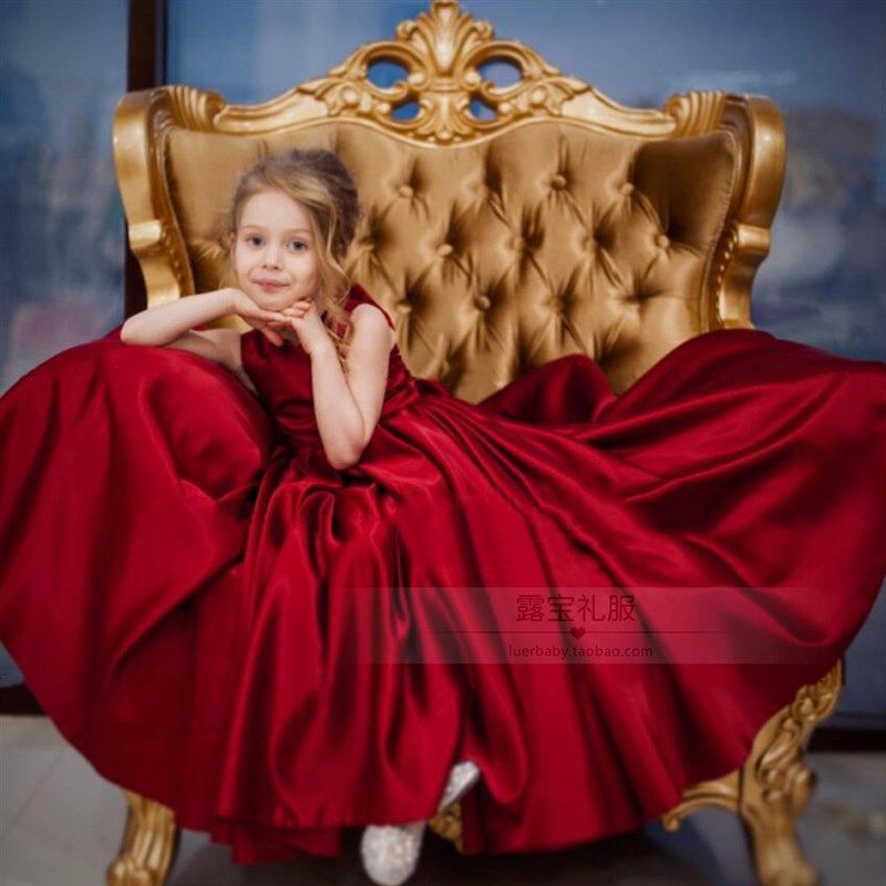 2024新款女童钢琴演出服红色公主裙高端缎布主持人婚礼小伴娘礼服